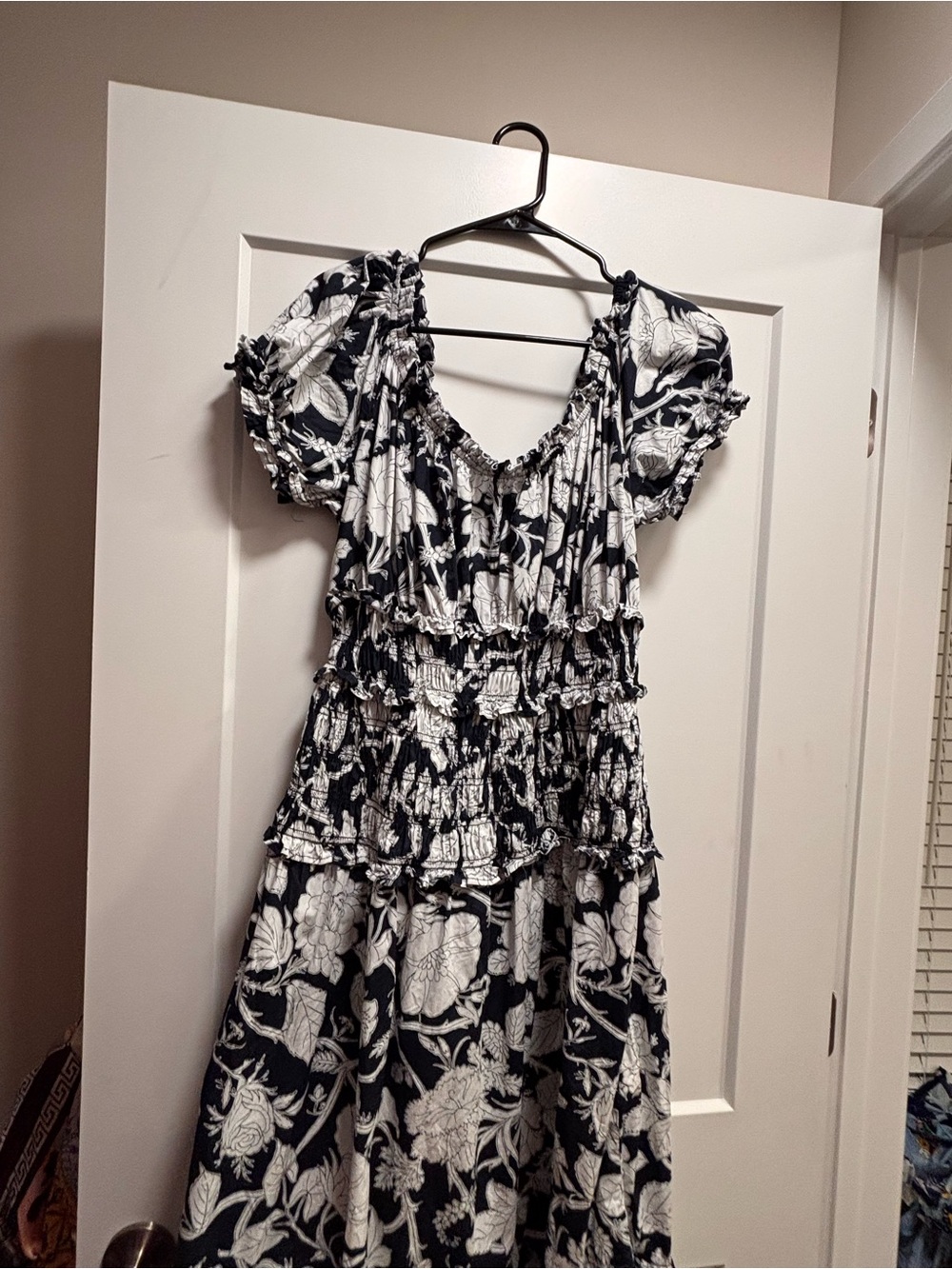 Time and Tru Black and White Floral Smocked Maxi Dress